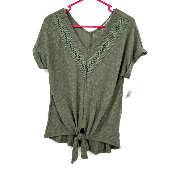 Absolutely Famous Size Small Shirt Green Tie Front Short Sleeve V Neck Ribbed - Picture 1 of 5